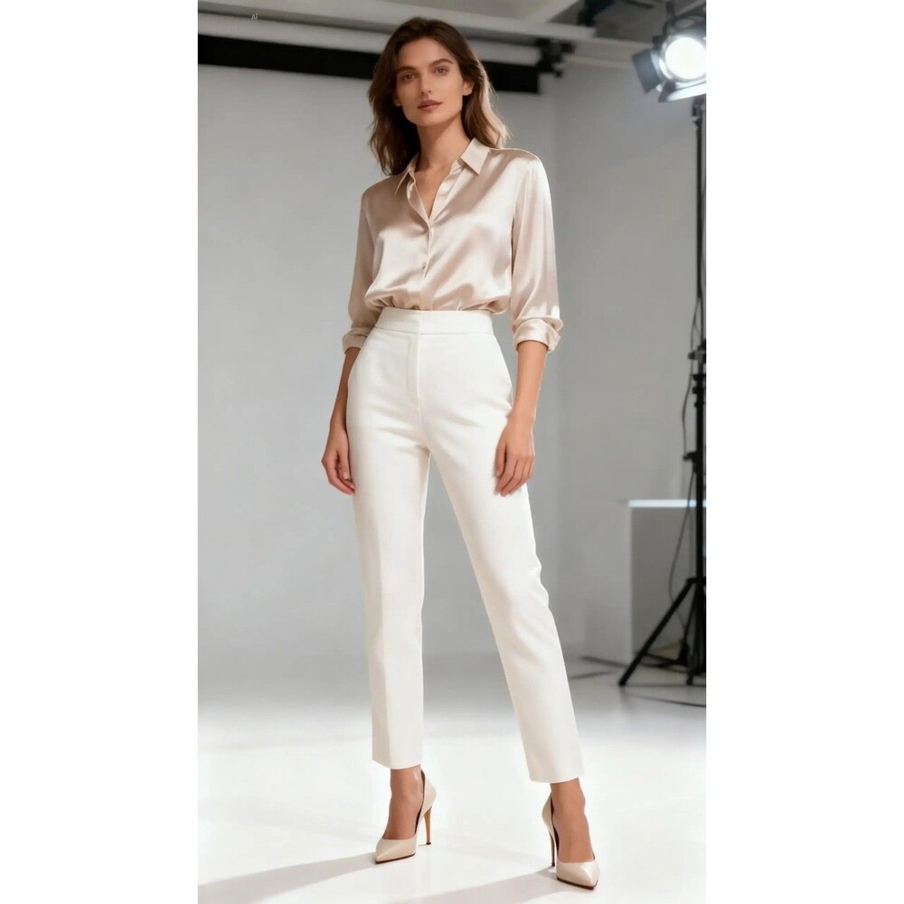 The Limited Women's White Solid Dress Pants Straight Flat Front Stretch Button
